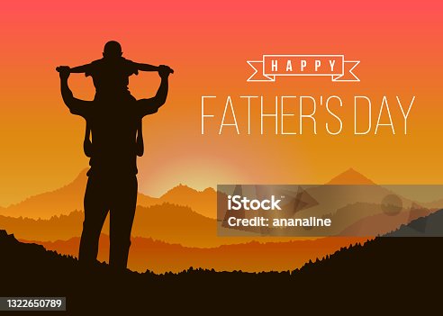 istock Happy father day with Silhouette son is riding his father's neck at Mountain peaks in evening time vector design 1322650789