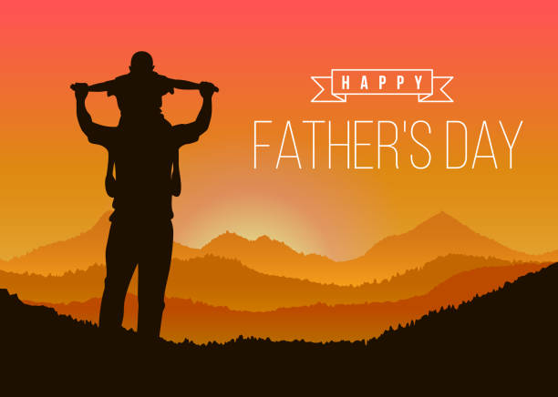 szczęśliwy dzień ojca z synem silhouette jedzie na szyi ojca na szczytach górskich w wieczornym projekcie wektorowym - dia dos pais stock illustrations
