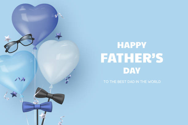 Happy Fathers Day banner. Happy Fathers Day banner with glasses, bow tie and heart balloons. Blue background with greeting text. Realistic vector illustration. fathers day stock illustrations