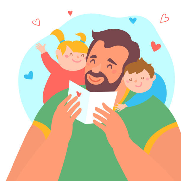 Happy Father's Day. Dad with his daughter and son in his arms. Greeting card for the holiday. Happy Father's Day. Dad with his daughter and son reading post card. Greeting card for the holiday. Vector illustration in cartoon style fathers day stock illustrations