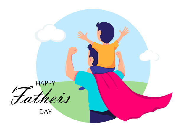 Happy Father's day greeting card Happy Father's day greeting card. Dad in superhero costume holds son on his shoulders. Cheerful cartoon characters. Vector illustration fathers day stock illustrations