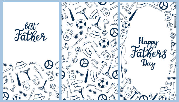 Happy Father`s day hand drawn lettering. Men`s Accessories. Instruments. Sports equipment seamless pattern and greeting cards Happy Father`s day hand drawn lettering. Men`s Accessories. Instruments. Sports equipment seamless pattern and greeting cards fathers day stock illustrations