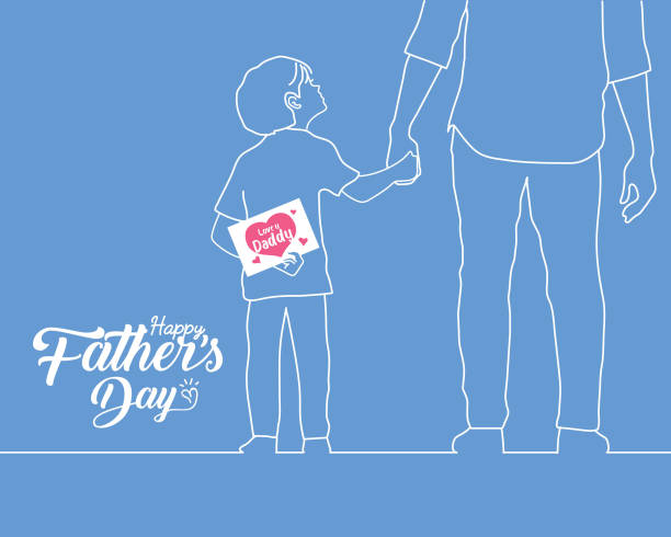Happy Father's Day - Hand drawn son holding father's hand with in white line art style Happy Father's Day copy space. Hand drawn cartoon son holding father's hand with a card written text "Love you daddy" in white line art style isolated on plain blue background. fathers day stock illustrations