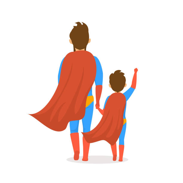 快樂的父親節孤立向量插圖卡通背面觀看場景與爸爸和兒子身著超級英雄服裝一起牽手走在一起 - 一個小孩的家庭 幅插畫檔、美工圖案、卡通及圖標