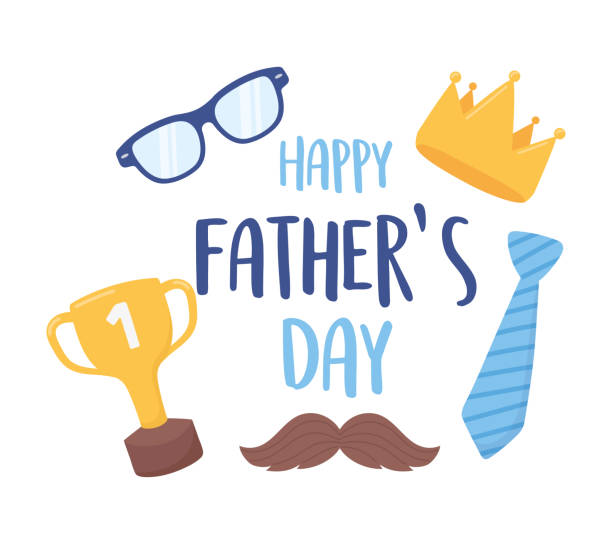 stockillustraties, clipart, cartoons en iconen met gelukkige vaders dag, stropdas snor kroon glazen viering - ramos