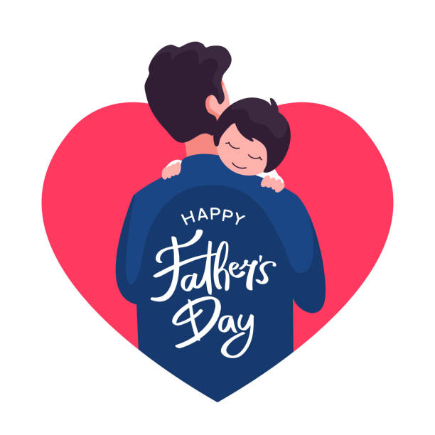 szczęśliwy dzień ojca plakat szablonu projektu. tata trzymający swoje dziecko wektor płaski ilustracji z ramką serca miłości i tekst typografii literowania strony na plecach - fathers day stock illustrations