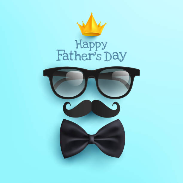 快樂父親節海報與眼鏡,鬍子紙和蝴蝶結在藍色。以平鋪造型為父親節獻上的問候和禮物。愛爸爸概念的促銷和購物範本 - fathers day 幅插畫檔、美工圖案、卡通及圖標