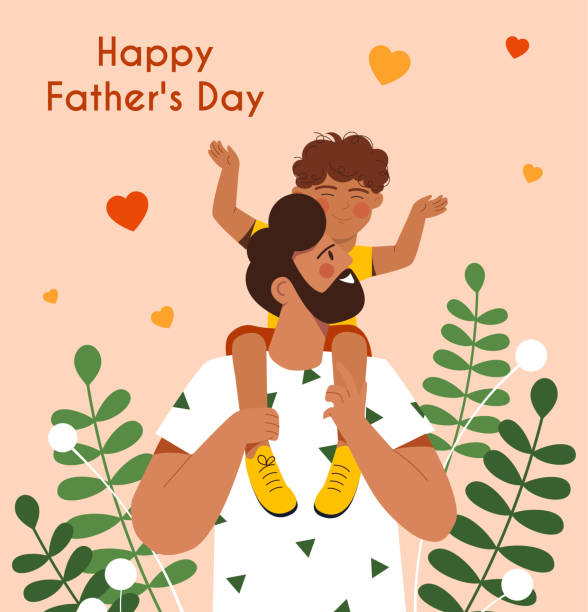 Happy fathers day Happy fathers day. Adult man holds small kid on his shoulders. Caring for loved ones, parents and children. Greeting and invitation cards, family spend time together. Cartoon flat vector illustration fathers day stock illustrations