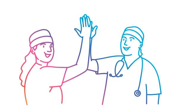 Happy female doctor giving high five to male doctor. Happy female doctor giving high five to male doctor. Colorful line. Vector illustration. nurse drawings stock illustrations