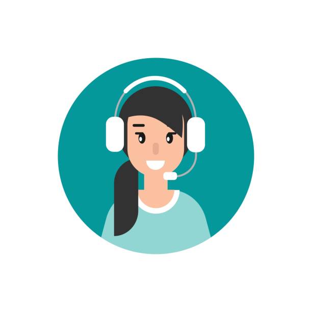 Happy female operator with headphones and microphone in blue circle. Happy female operator with headphones and microphone in blue circle. flat vector illustration isolated on white. girl with headset. consulting, job online, internet. Call center. help line. mary mara stock illustrations