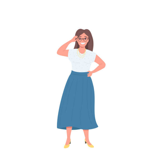 Happy female with glasses flat color vector faceless character Happy female with glasses flat color vector detailed character. Smiling woman. Good eyesight. Excited corporate worker isolated cartoon illustration for web graphic design and animation older woman stock illustrations