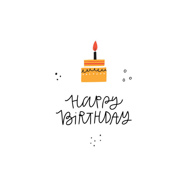 Happy first birthday flat greeting card template Happy first birthday flat greeting card template. Cartoon cake with one candle and handwritten lettering for bday wishes postcard design. Infant, child one year celebration poster layout birthday drawings stock illustrations