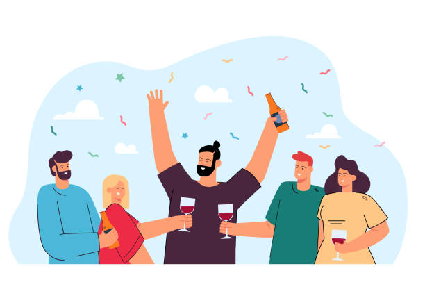 Happy friends drinking wine or beer together Happy friends drinking wine or beer together flat vector illustration. Cartoon positive people clinking glasses with alcohol drinks, smiling and making toasts. Friendship and party celebration concept party social event illustrations stock illustrations