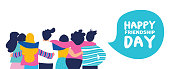 Happy friendship day web banner with diverse friend group of people hugging together for special event celebration. EPS10 vector.
