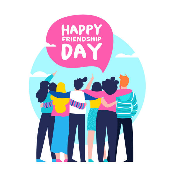 Happy Friendship day card of friend group team hug Happy friendship day greeting card with diverse friend group of people hugging together for special event celebration. EPS10 vector. day stock illustrations