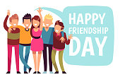 Happy friendship day. Friend group hug in love. Friendly teens vector card. Illustration of friendship happiness, message in speech bubble