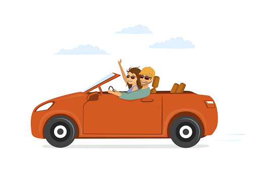 happy funny couple, man and woman in love on the roadtrip drivig a car