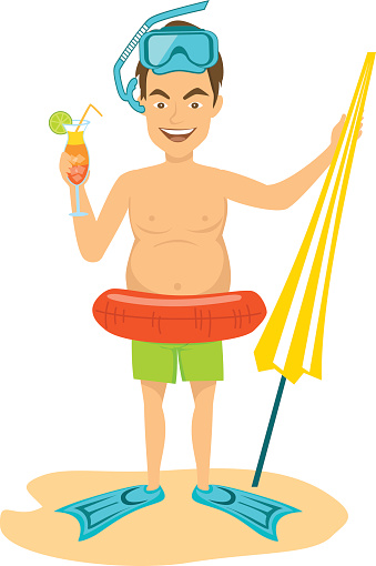 Happy funny guy with inflatable ring , flippers, snorjeling mask, umbrella and cocktail. summer time beach vacations. isolated vector illustration