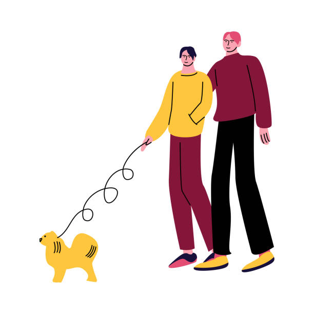 一對快樂的同性戀夫婦穿著休閒服走狗和擁抱。卡通風格的向量插圖。 - 同性情侶 插圖 幅插畫檔、美工圖案、卡通及圖標