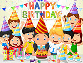 Vector illustration of Happy girl cartoon blowing birthday candles with his friends 