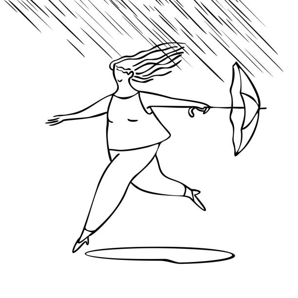happy girl runs with an umbrella in the rain. Walk under the rain. Vector outline style. doodle style. happy girl runs with an umbrella in the rain. Walk under the rain. Vector outline style. doodle style. rain drawings stock illustrations