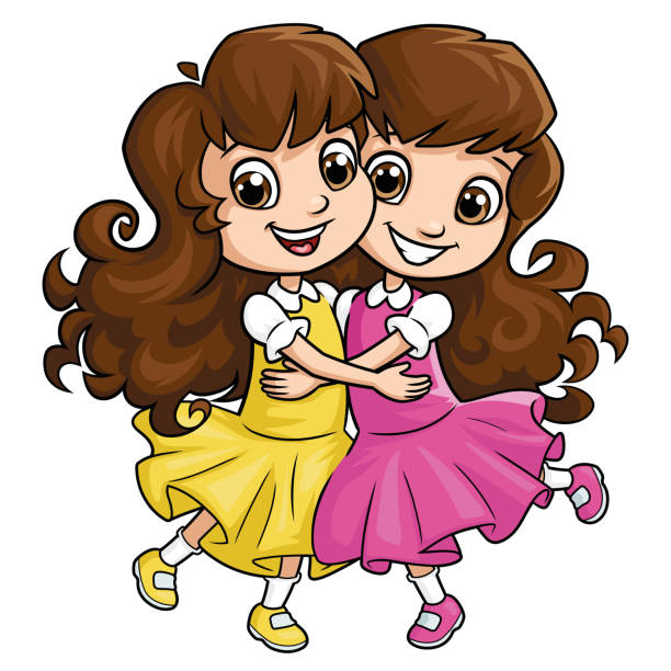 ilustraciones, imágenes clip art, dibujos animados e iconos de stock de feliz niña hermanas abrazando 2 - twins