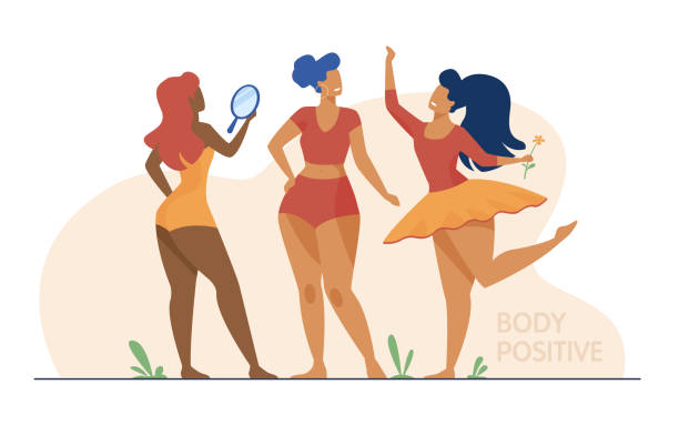 Happy girls admiring their bodies flat vector illustration Happy girls admiring their bodies flat vector illustration. Body positive female characters smiling each other. Active women with plus size figures. Different beauty, fashion and healthy lifestyle cartoon of fat lady in swimsuit stock illustrations