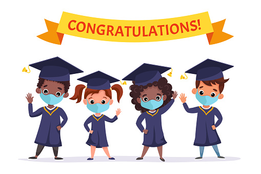 Happy graduated children wearing medical masks, academic gown and cap. Multicultural kids celebrating Kindergarten graduation together