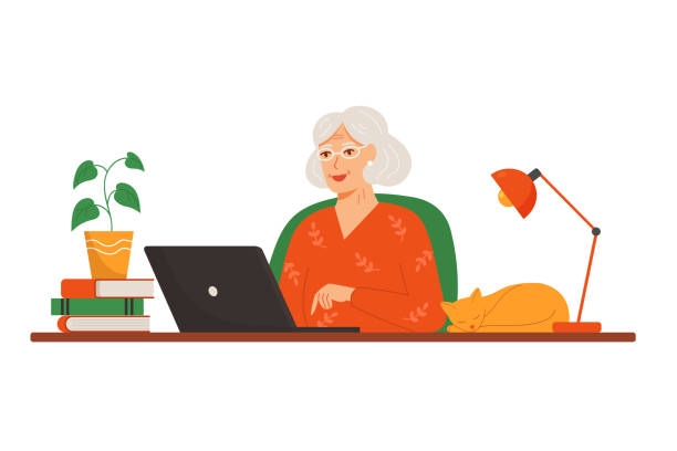 ilustraciones, imágenes clip art, dibujos animados e iconos de stock de feliz abuela con un portátil - older woman