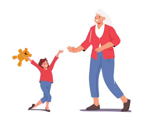 ilustrações de stock, clip art, desenhos animados e ícones de happy grandmother and granddaughter characters meeting. kid visit granny concept, girl coming to grandmom home - grandparents hug