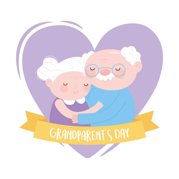 ilustrações, clipart, desenhos animados e ícones de feliz dia avós, casal de idosos em cartão de desenho animado coração amor - avós