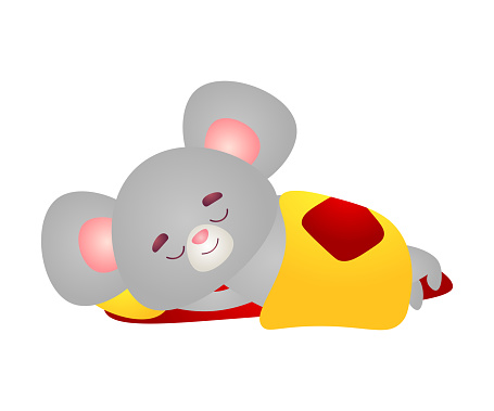 Happy grey mouse character with big pink ears is sleeping in bed under the blanket. Vector illustration in the flat cartoon style.