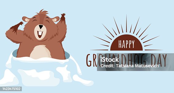 istock Happy Groundhog Day. Design with a cute groundhog character that pops out of a hole. Vector illustration. 1423475102