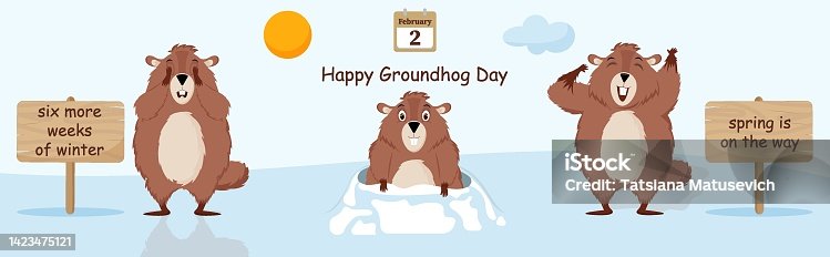 istock Happy Groundhog Day. Diagram with illustrations of cute and funny Groundhogs. Vector illustration. 1423475121