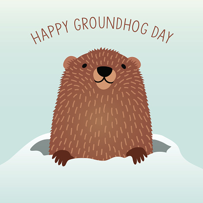 Happy Groundhog Day with cute groundhog emerging from his den