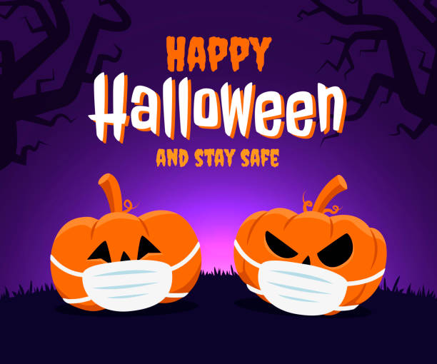 Happy Halloween and stay safe concept. Two pumpkins wearing a face mask because of coronavirus Happy Halloween and stay safe concept. Two pumpkins wearing a face mask because of coronavirus and new normal halloween stock illustrations