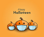Happy Halloween background with pumpkins wearing mask. Vector illustration. EPS10