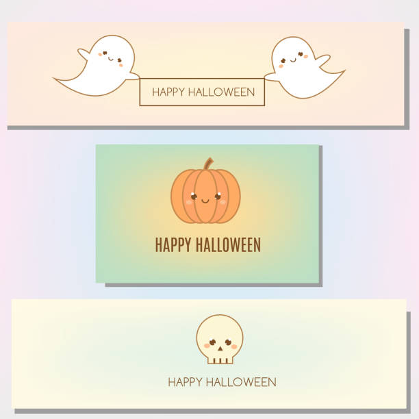 ilustrações de stock, clip art, desenhos animados e ícones de happy halloween banner with cute characters in kawaii style - baby 6 months introducing food