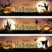 Happy halloween pumpkin banners with monsters, flying witch, haunted castle and bats on full moon halloween night.