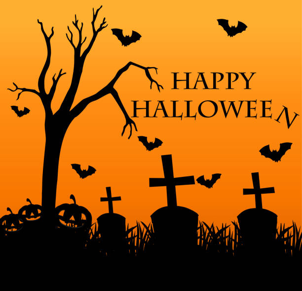 Happy halloween card with graveyard in background illustration