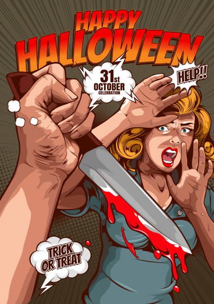 happy halloween comic cover template 4 happy halloween cover template  background, horror comic, picture hand holding a knife and woman in very shocked fear,  and speech bubbles, doodle art, Vector illustration. presentation speech borders stock illustrations