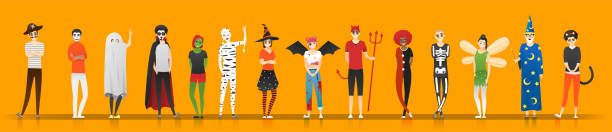 stockillustraties, clipart, cartoons en iconen met happy halloween, groep tieners in halloween kostuum concept geïsoleerd op oranje achtergrond, vector, illustratie - kostuum