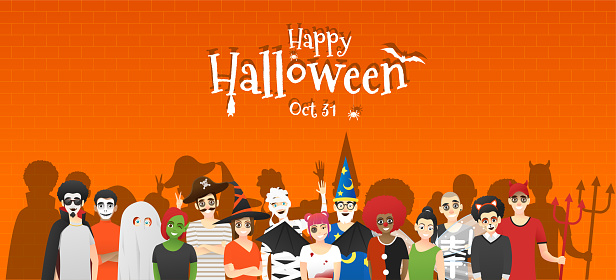 Happy Halloween , group of teens in Halloween costume concept standing together on brick wall background , vector, illustration