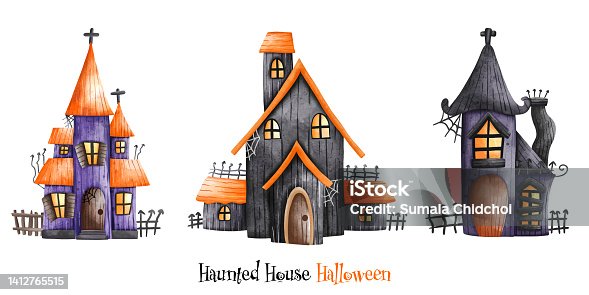 istock Happy Halloween. Halloween Haunted house with full moon. Halloween element. Halloween decoration 1412765515