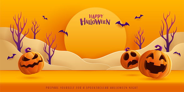 Happy Halloween. Halloween orange theme paper graphic cloud scene with group of 3D illustration pumpkin on studio table.