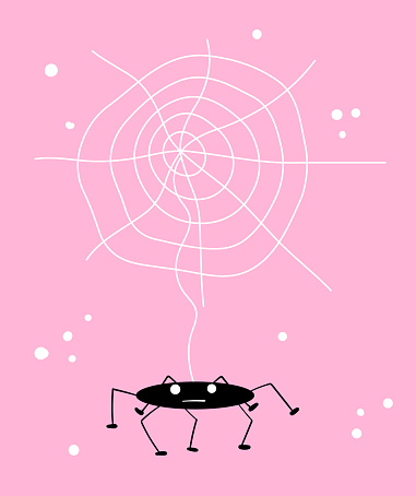 Happy Halloween hand drawn illustration with spider web and cute funny spider