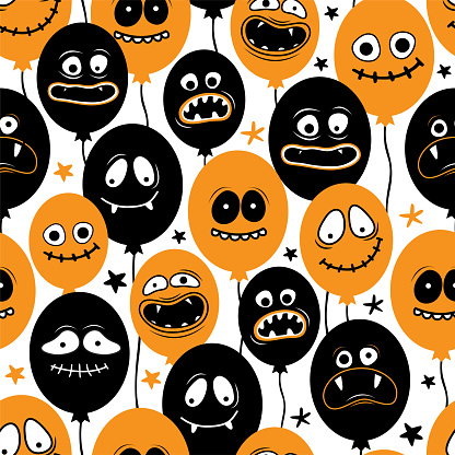 Happy Halloween holiday seamless pattern. Balloons with creepy faces, jaws, teeth and open mouths. Funny cartoon character Ghost, monster, Jack Skellington. Hand drawn vector childish background