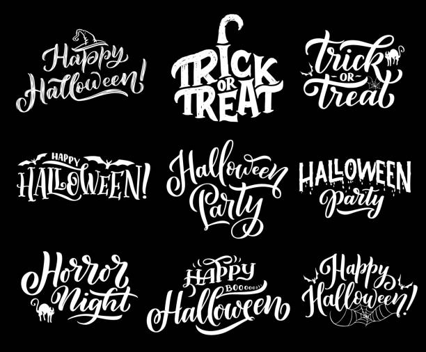 Happy Halloween holiday vector lettering Happy Halloween lettering sketch for greeting cards. Vector calligraphy of trick and treat in pupkin with black witch hat and cat or bat with spider in web for spooky Halloween celebration halloween stock illustrations