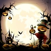 jack o lantern with pumpkins, haunted castle and big full moon for copy space
