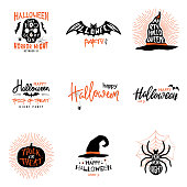 Happy Halloween overlays, lettering labels design set. Isolated emblem with quote Trick or Treat. Halloween party badges. Vector clipart